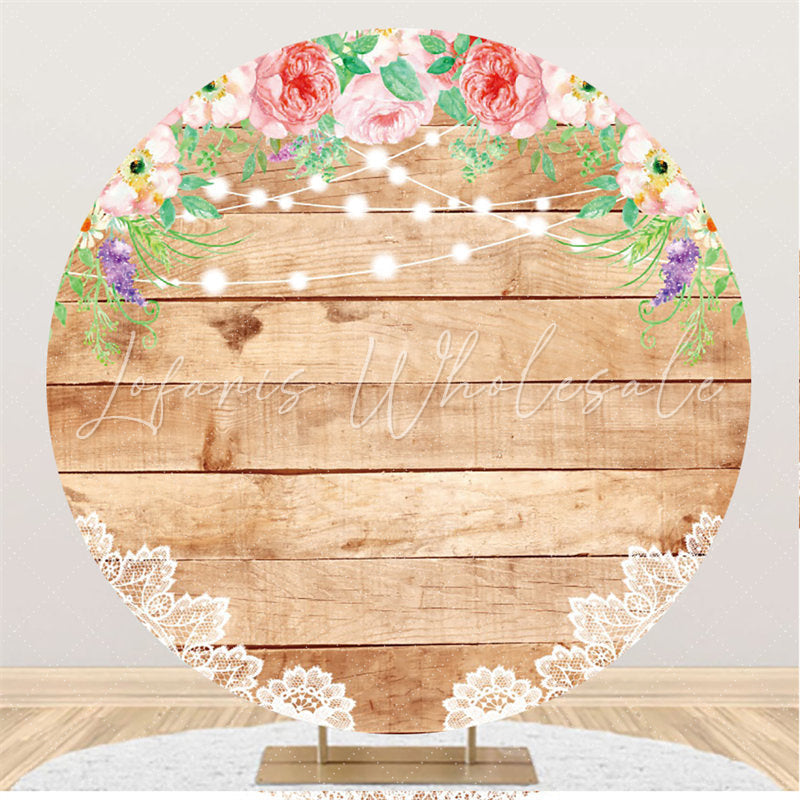 Lofaris Pink Floral Round Wood Backdrop For Happy Birthday