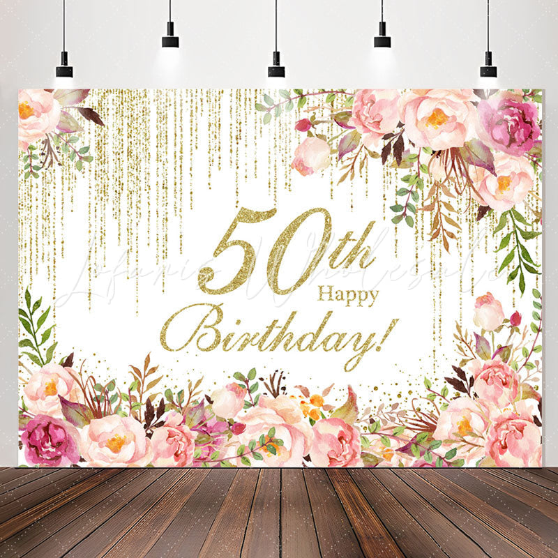 Lofaris Pink Floral Sparkling 50th Happy Birthday Backdrop
