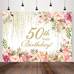 Lofaris Pink Floral Sparkling 50th Happy Birthday Backdrop