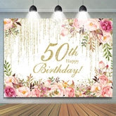 Lofaris Pink Floral Sparkling 50th Happy Birthday Backdrop