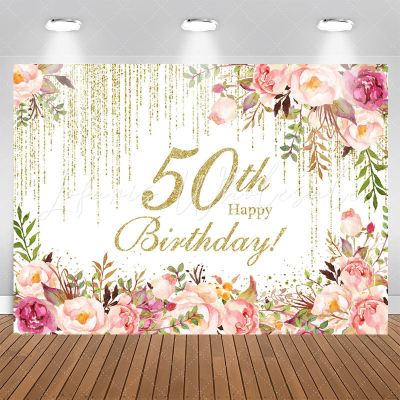 Lofaris Pink Floral Sparkling 50th Happy Birthday Backdrop
