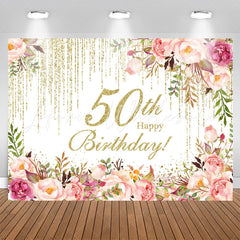 Lofaris Pink Floral Sparkling 50th Happy Birthday Backdrop