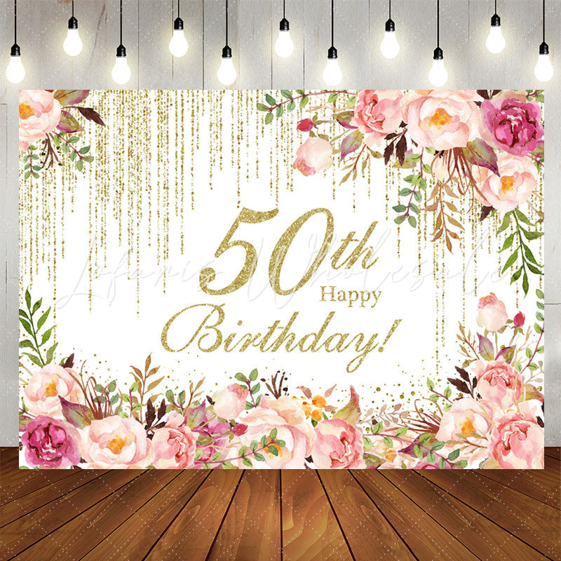 Lofaris Pink Floral Sparkling 50th Happy Birthday Backdrop