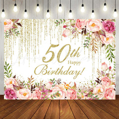 Lofaris Pink Floral Sparkling 50th Happy Birthday Backdrop