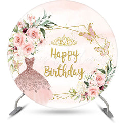 Lofaris Pink Floral Sparkling Dress Round Birthday Backdrop