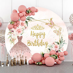 Lofaris Pink Floral Sparkling Dress Round Birthday Backdrop