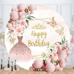 Lofaris Pink Floral Sparkling Dress Round Birthday Backdrop