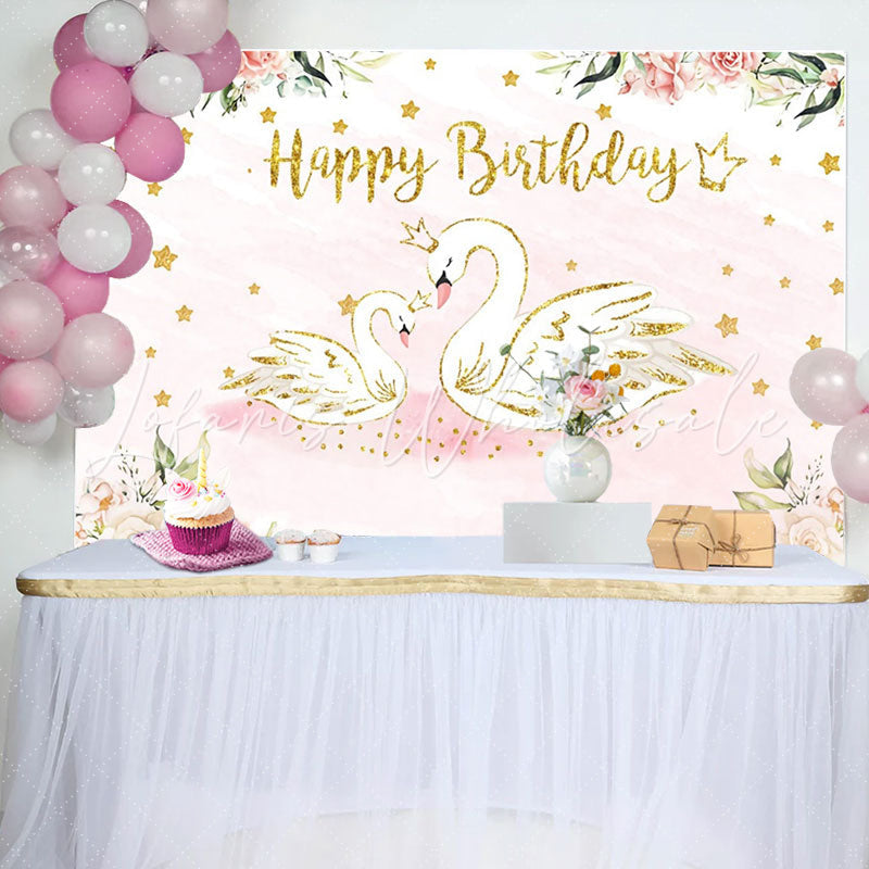 Lofaris Pink Floral Swan Golden Stars Birthday Backdrop