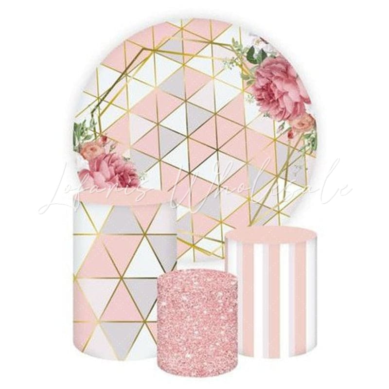 Pink Floral Themed Round Backdrop and Cylinders Kit for Events