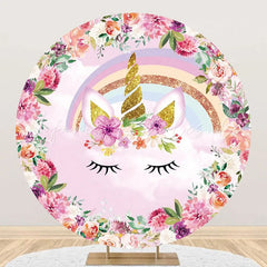 Lofaris Pink Floral Unicorn Rainbow Round Birthday Backdrop