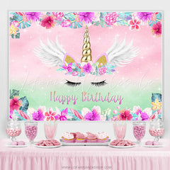 Lofaris Pink Floral Unicorn Theme Happy Birthday Backdrop Banner