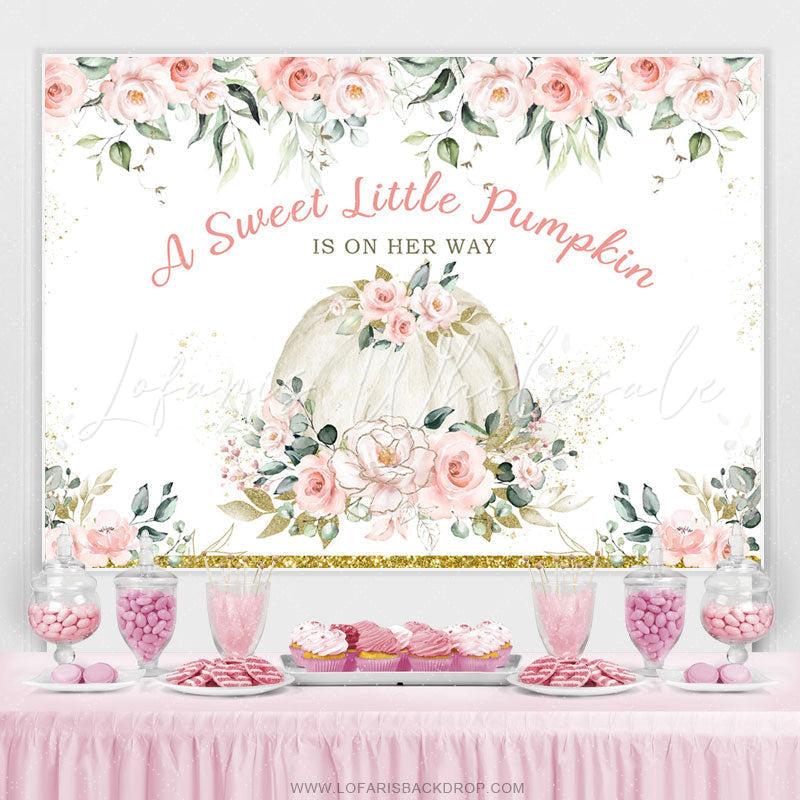 Lofaris Pink Floral White Pumpkin Glitter Baby Shower Backdrop