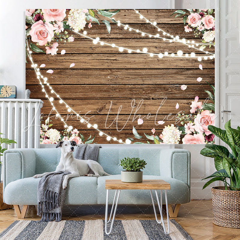 Lofaris Pink Floral With Light Wood Baby Girls Shower Backdrop