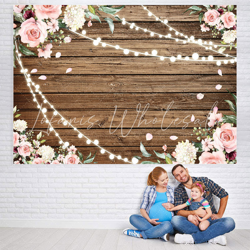Lofaris Pink Floral With Light Wood Baby Girls Shower Backdrop