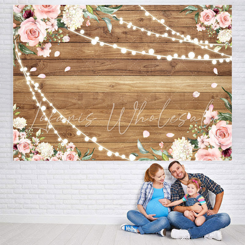 Lofaris Pink Floral With Yellow Wood Girls Baby Shower Backdrop