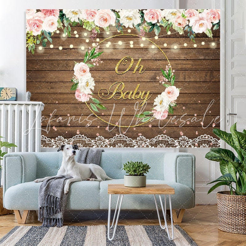Lofaris Pink Floral And Golden Glitter Baby Shower Backdrop