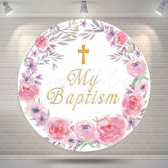 Lofaris Pink Floral Wreath My Baptism Round Backdrop Cover