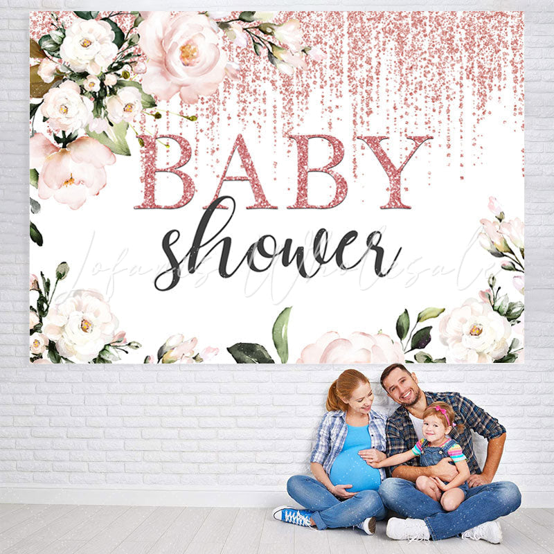 Lofaris Pink Florals and Rose Gold Bokeh Baby Shower Backdrop