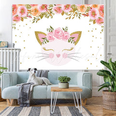 Lofaris Pink Flower And Cat Happy Birthday Backdrop For Girl