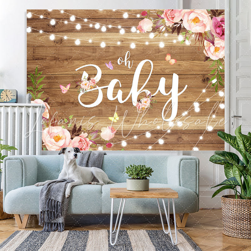Lofaris Pink Flower and Fairy Lights Wood Baby Shower Backdrop