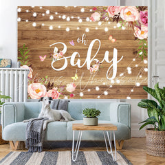 Lofaris Pink Flower and Fairy Lights Wood Baby Shower Backdrop
