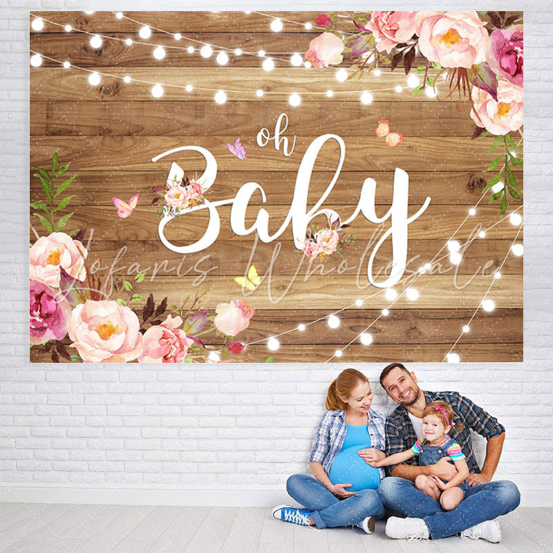 Lofaris Pink Flower and Fairy Lights Wood Baby Shower Backdrop