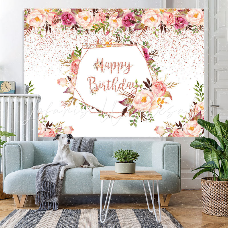 Lofaris Pink Flower And Green Plants Happy Birthday Backdrop