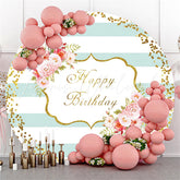 Lofaris Pink Flower And Stripe Happy Birthday Round Backdrop