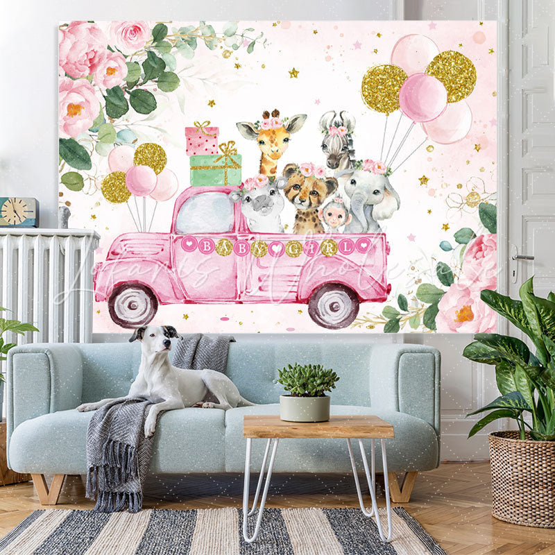 Lofaris Pink flower animal balloon girl birthday Backdrop