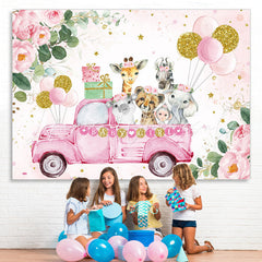Lofaris Pink flower animal balloon girl birthday Backdrop