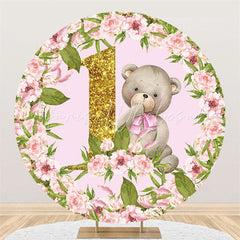 Lofaris Pink Flower Bear Birthday Round Backdrop For Party