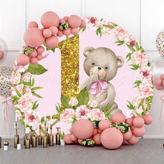 Lofaris Pink Flower Bear Birthday Round Backdrop For Party
