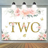 Lofaris Pink Flower Glitter Butterfly Wild Two Birthday Backdrop