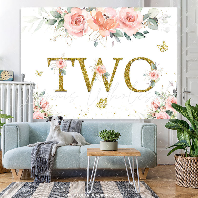 Lofaris Pink Flower Glitter Butterfly Wild Two Birthday Backdrop