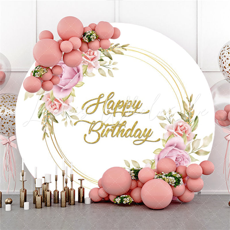 Lofaris Pink Flower Gold Happy Birthday Round Backdrop For Party