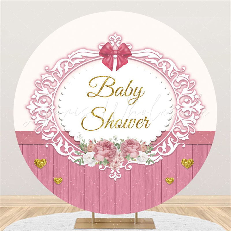 Lofaris Pink Flower Stripe Wooden Baby Shower Round Backdrop