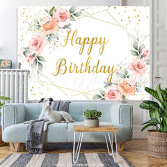 Lofaris Pink Flowers And Glitter Gold Happy Birthday Backdrop