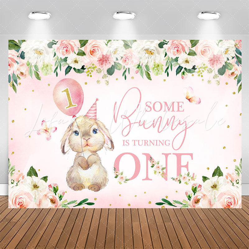 Lofaris Pink Flowers Bunny Balloons 1st Birthday Backdrop