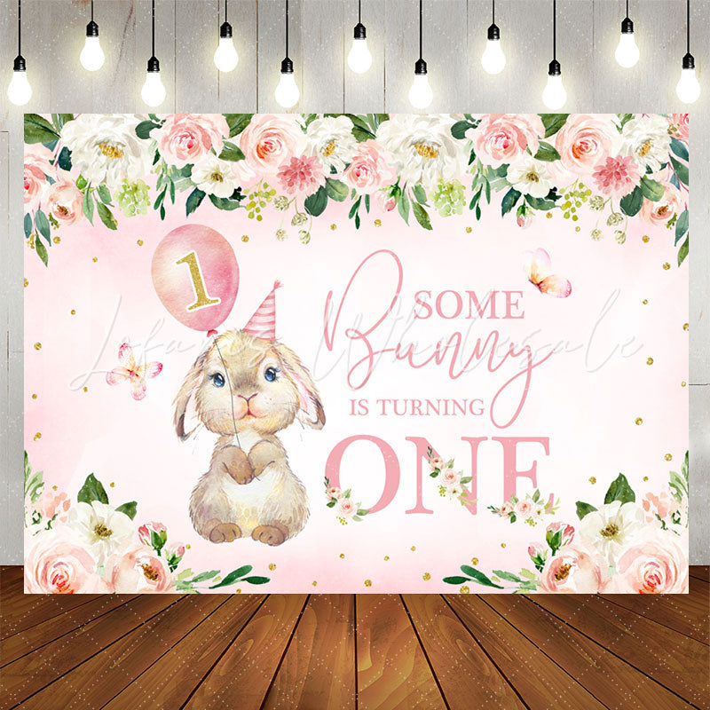 Lofaris Pink Flowers Bunny Balloons 1st Birthday Backdrop