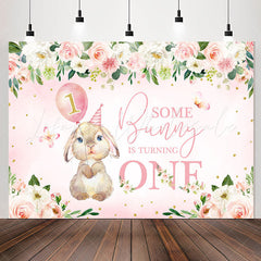 Lofaris Pink Flowers Bunny Balloons 1st Birthday Backdrop