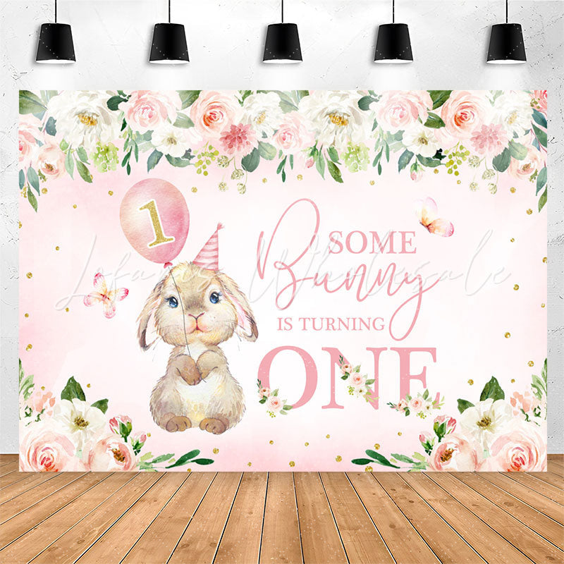Lofaris Pink Flowers Bunny Balloons 1st Birthday Backdrop