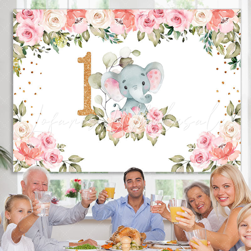Lofaris Pink Flowers Elephant Theme Happy 1St Birthday Backdrop