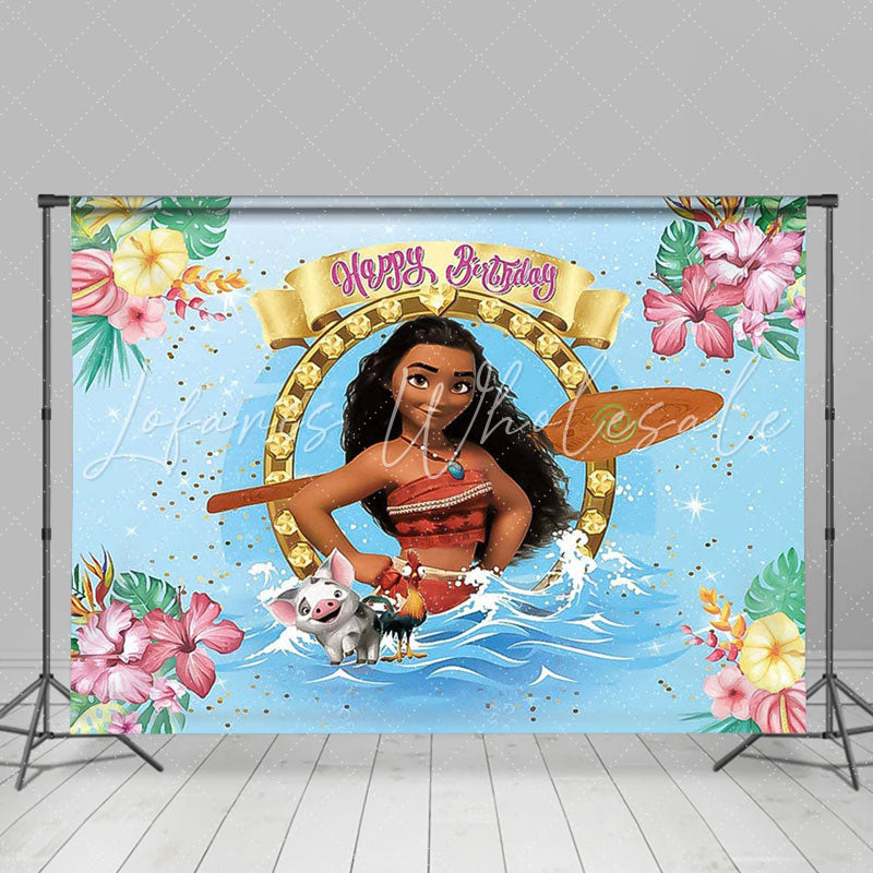 Lofaris Pink Flowers Girls Summer Blue Beach Birthday Backdrop