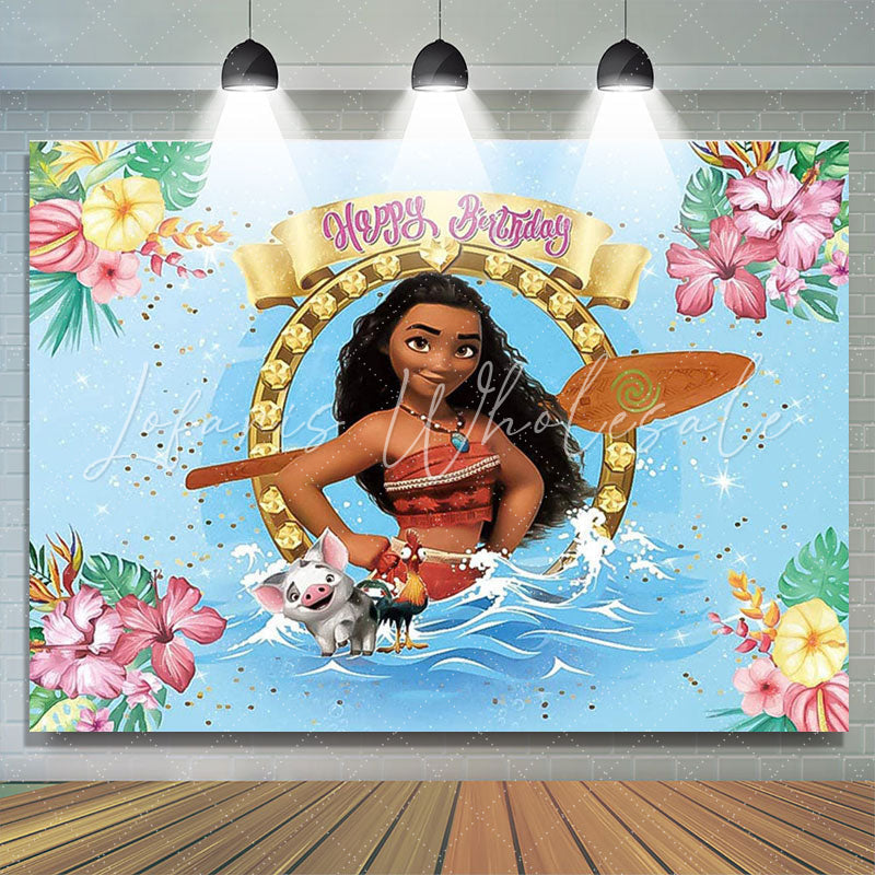 Lofaris Pink Flowers Girls Summer Blue Beach Birthday Backdrop