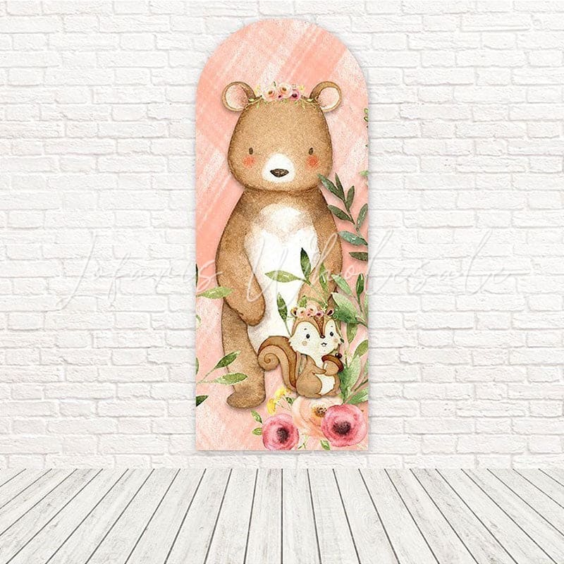 Pink Forest Bear Rose Arch Backdrop For Cute Woodland Celebrations
