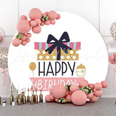 Lofaris Pink Gift Black Bowknot Round Birthday Backdrop