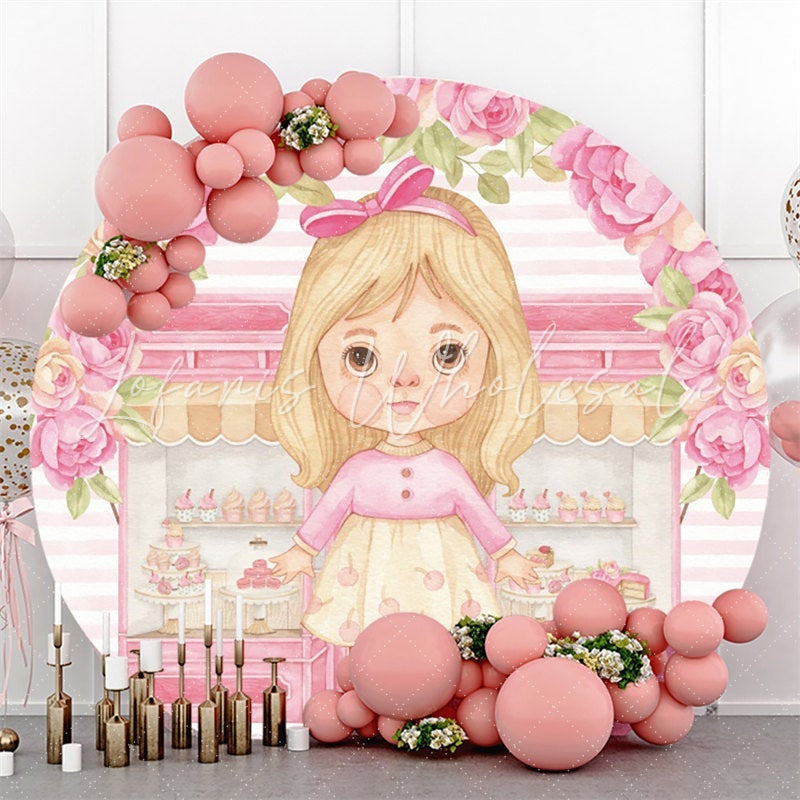 Lofaris Pink Girl And Cake Store Round Birthday Party Backdrop