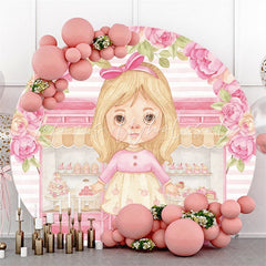 Lofaris Pink Girl And Cake Store Round Birthday Party Backdrop