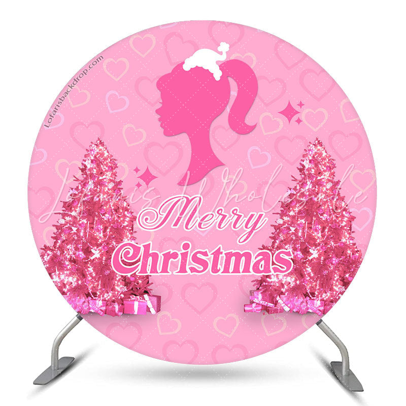 Lofaris Pink Girl Heart Trees Round Merry Christmas Backdrop