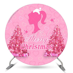 Lofaris Pink Girl Heart Trees Round Merry Christmas Backdrop